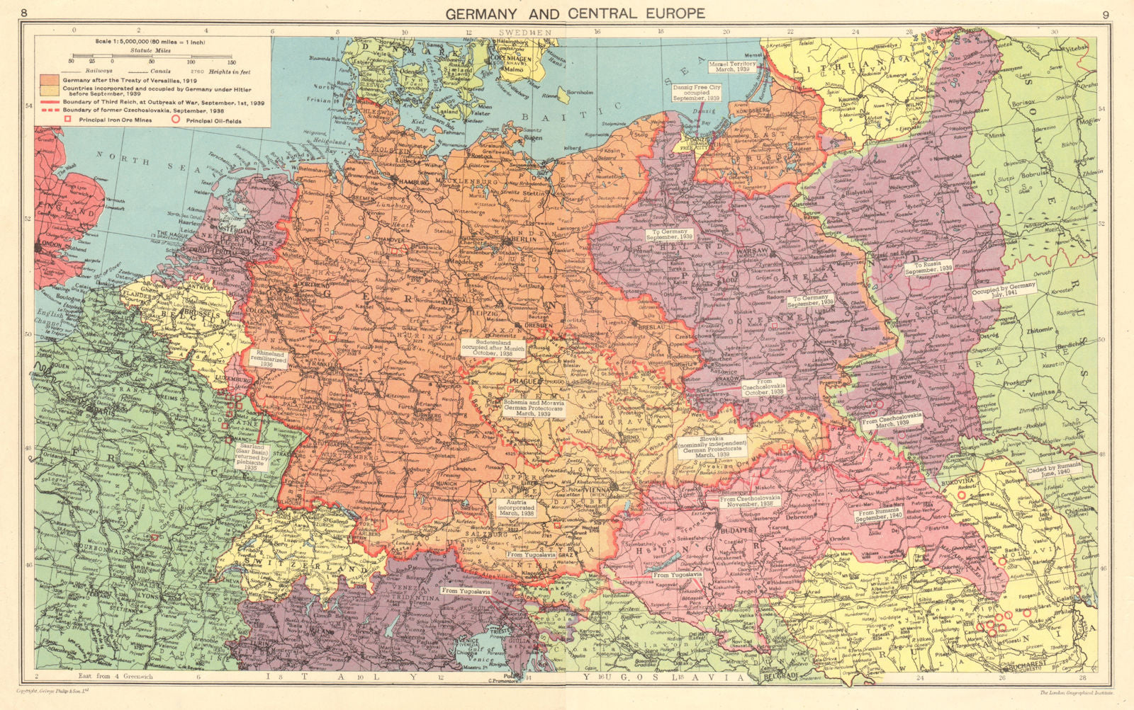 NAZI GERMANY Growth of the Third Reich. Occupied Poland Sudetenland &c 1943 map